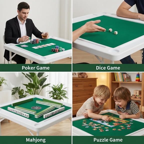 Square Folding Card Table, 4-Player Mahjong Poker Table with Green Felt, Chip Trays & Cup Holders Portable Game Table