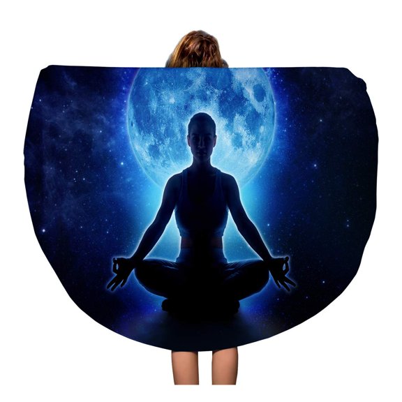 SIDONKU 60 inch Round Beach Towel Blanket Yoga Woman in Full Blue Moon and Star Meditation Travel Circle Circular Towels Mat Tapestry Beach Throw