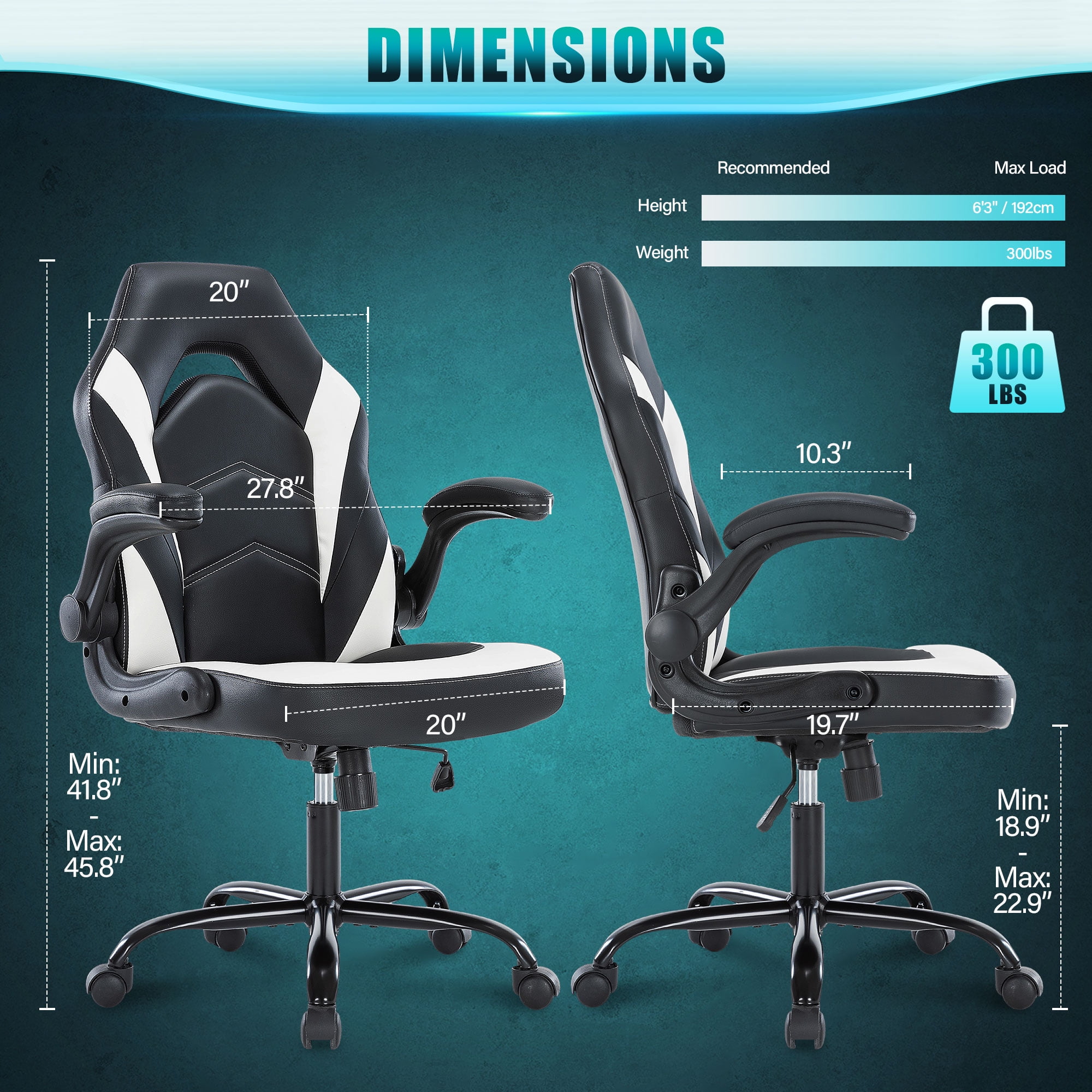 JONPONY Ergonomic Gaming Desk Chair - Adjustable PU Leather Swivel Racing Chair with Flip-up Armrests for Home Office and Entertainment, Perfect for Adults, Kids, and Gamers, Black White