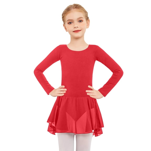 Girls Long Sleeve Ballet Leotards Tutu Dress Crisscross Back Dance Dress Toddler Ballerina,Red 12-13Y