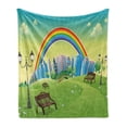 thumbnail image 1 of Cartoon Soft Flannel Fleece Throw Blanket, Kids Nursery Design Park Bench Hills Apartments Rainbow Beams Flowers Art Print, Cozy Plush for Indoor and Outdoor Use, 50" x 60", Multicolor, by Ambesonne, 1 of 6