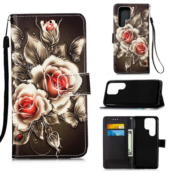 For Samsung Galaxy S22 Ultra Case, Mantto Patterned With Hand Rope Strap Cute Painted Flip Card Wallet Slots Case,Kickstand Phone Skin For Samsung Galaxy S22 Ultra 5G, Rose Flower