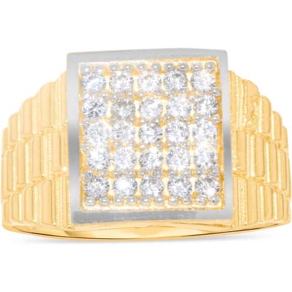 Floreo 10k Yellow Gold 12mm Two-Tone Railroad Pave CZ Cluster Square Ring, Sizes 5 - 11