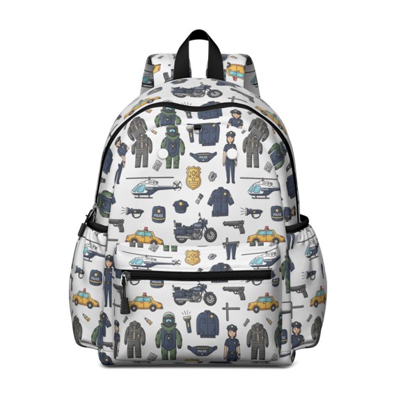 Police and Helicopter White Pattern Backpack for School, Cute School Bag with Adjustable Shoulder Straps and Padded Back, 13.4"x11"x4.7"