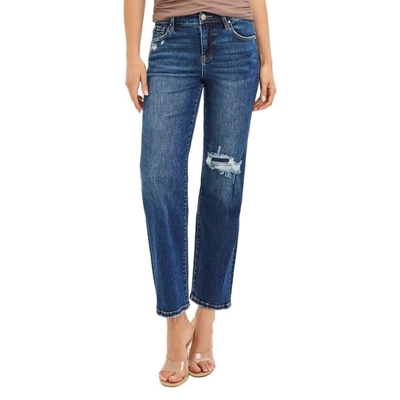 RISEN High Rise Crop Slim Straight Jenas with Hidden Knee Patch