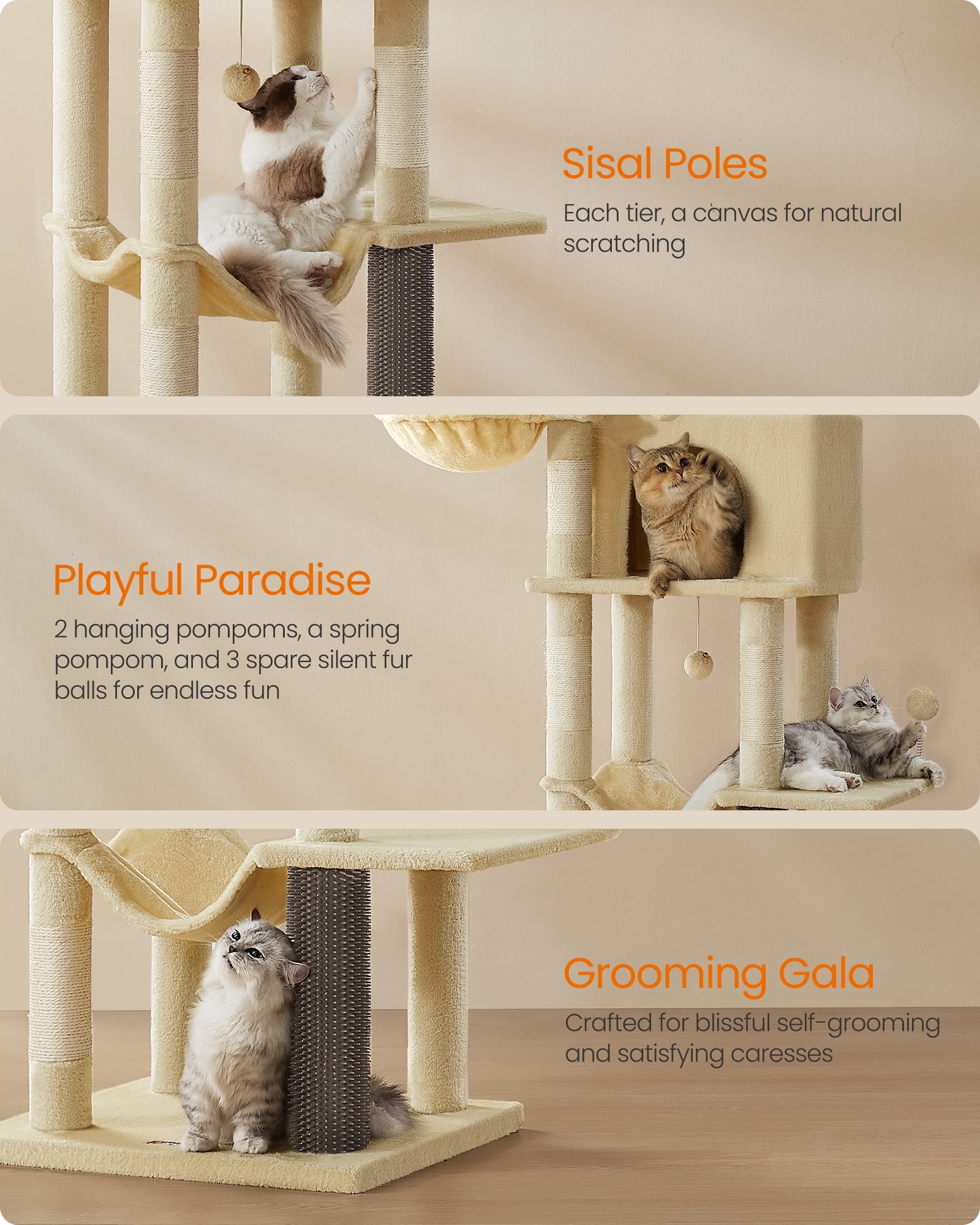 69 Inch Tall Cat Tree Tower for Indoor Cats, Multi-Level Cat Condo with 2 Caves, 2 Baskets, 5 Scratching Posts, Self-Groomer, Perch, and Hammock, Beige