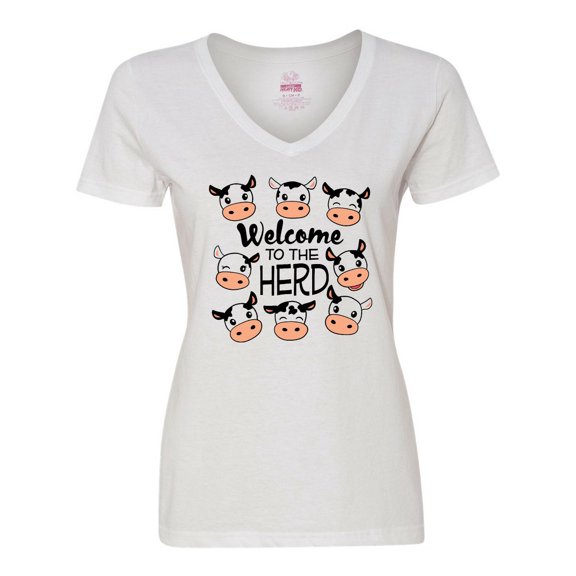 Inktastic Welcome to the Herd with Cute Black and White Holstein Cows Women's V-Neck T-Shirt