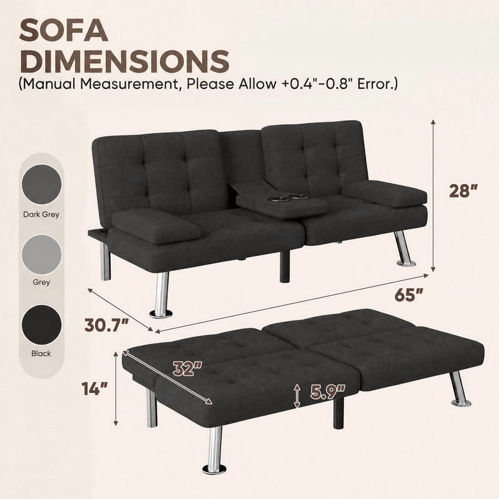Lacoo 2-Pack Futon Sofa Bed, Linen Convertible Couch Sleeper Sofa, Cup Holders, Small Spaces,Black