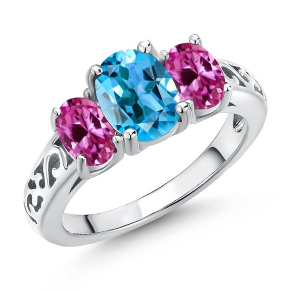 Gem Stone King 925 Sterling Silver Swiss Blue Topaz and Pink Created Sapphire Filigree Style 3 Stone Ring for Women (2.50 Cttw, Oval 8X6MM and 6X4MM) (Size 5)