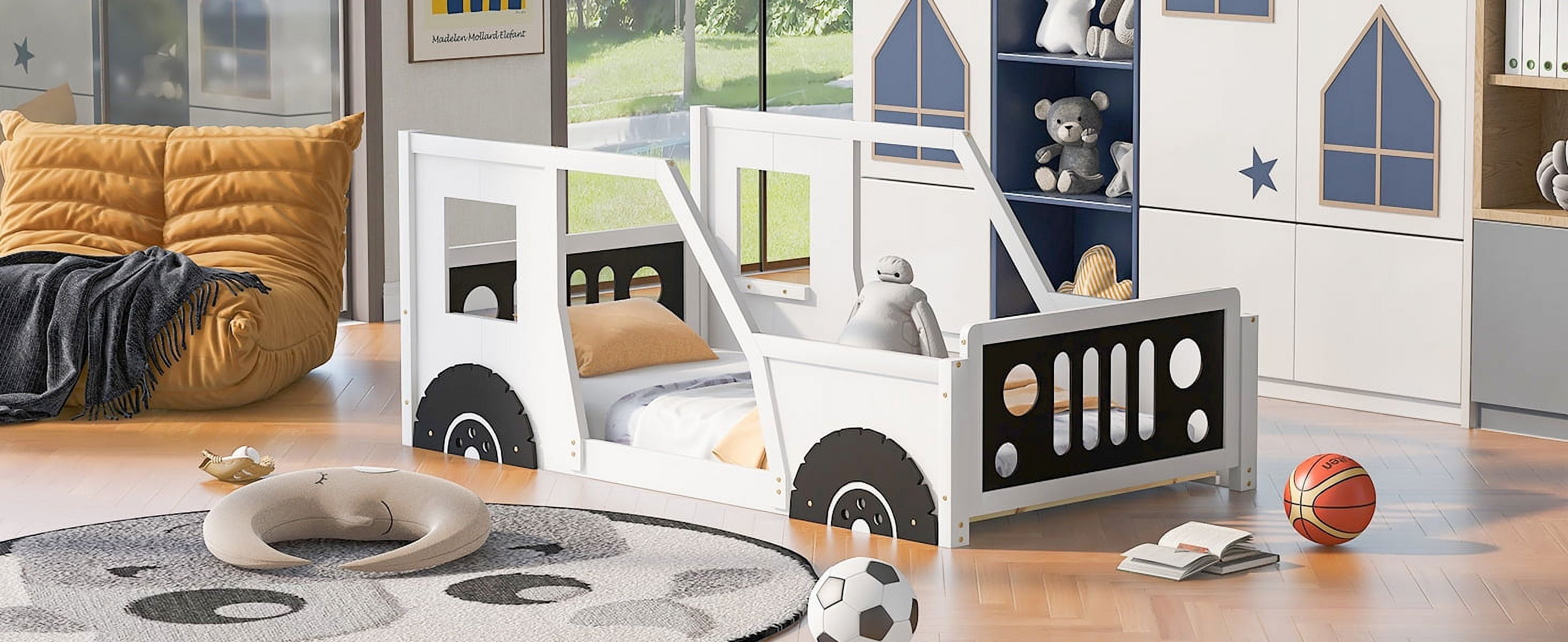 Harper & Bright Designs Twin Size Car-Shaped Platform Bed with Wheels, Wood Car-Bed Low Floor Bed Frame with Headboard and Footboard, White White