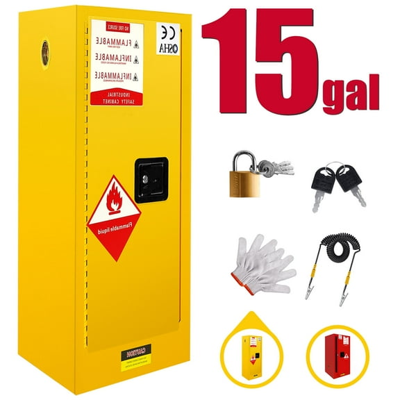 15 Gallon Flammable Storage Cabinet, Galvanized Steel, Yellow, Adjustable Thickened Shelf, Fireproof Liquid Storage, Hazardous Storage Cabinets, Safety Cabinets for Commercial Garage