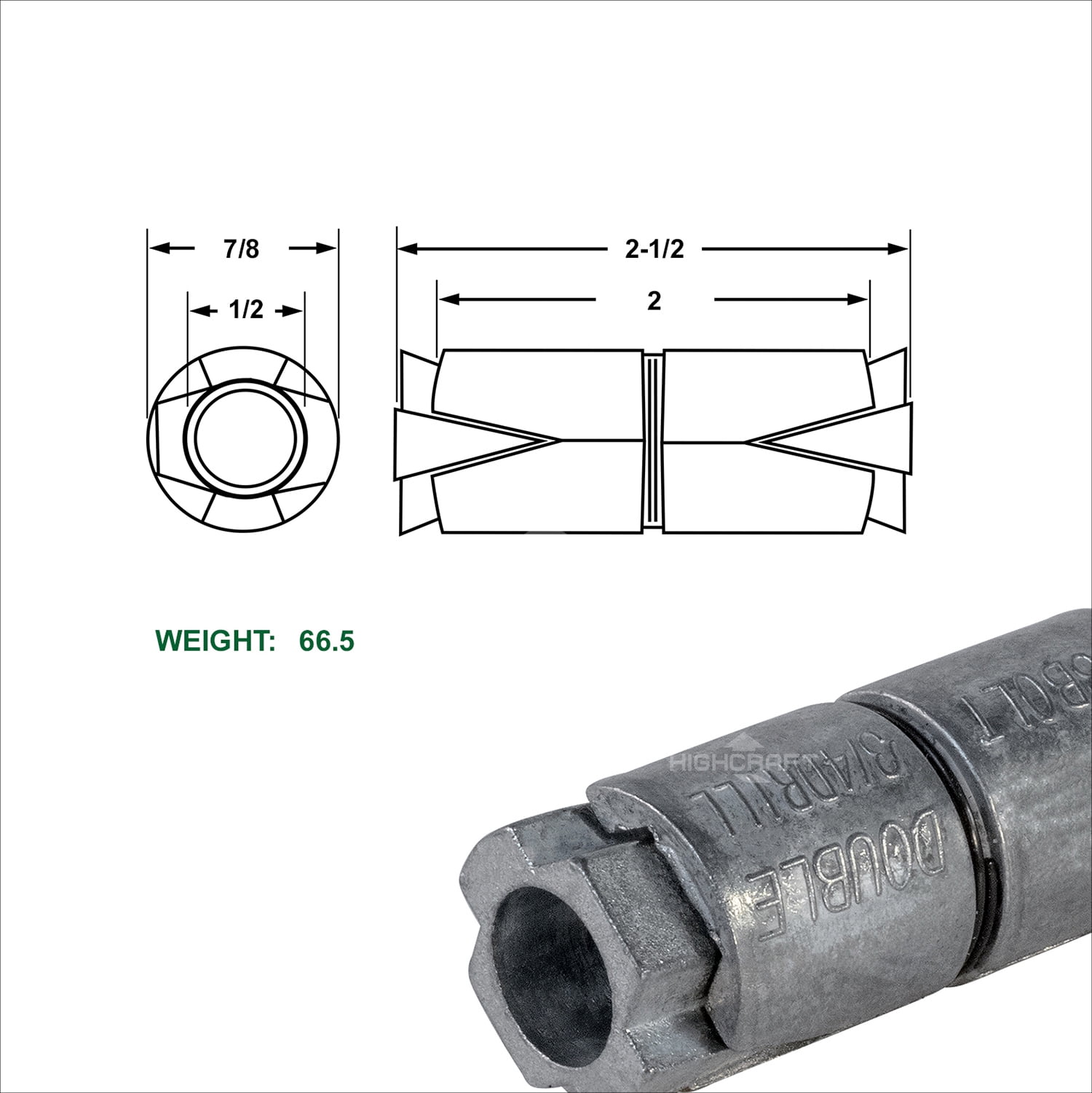 Highcraft 1/2” Double Expansion Shield, Zinc, 24 Pack