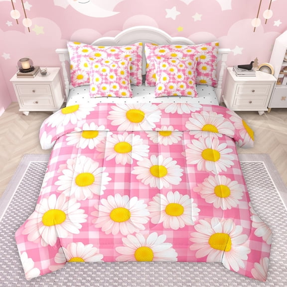 Castle Fairy Kids Children Teens Chic Floral Daisy Twin Bedding Sets 7-Piece,Spring Garden Flowers Bedding Comforter Set Microfiber,Geometric Plaid Grid Breathable Sheet Sets,Ultra Soft Home Decor
