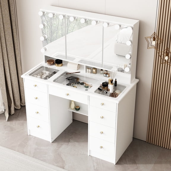 Timechee Makeup Vanity w/Tri-Fold Mirror Certified Lighting Glass Top Dresser