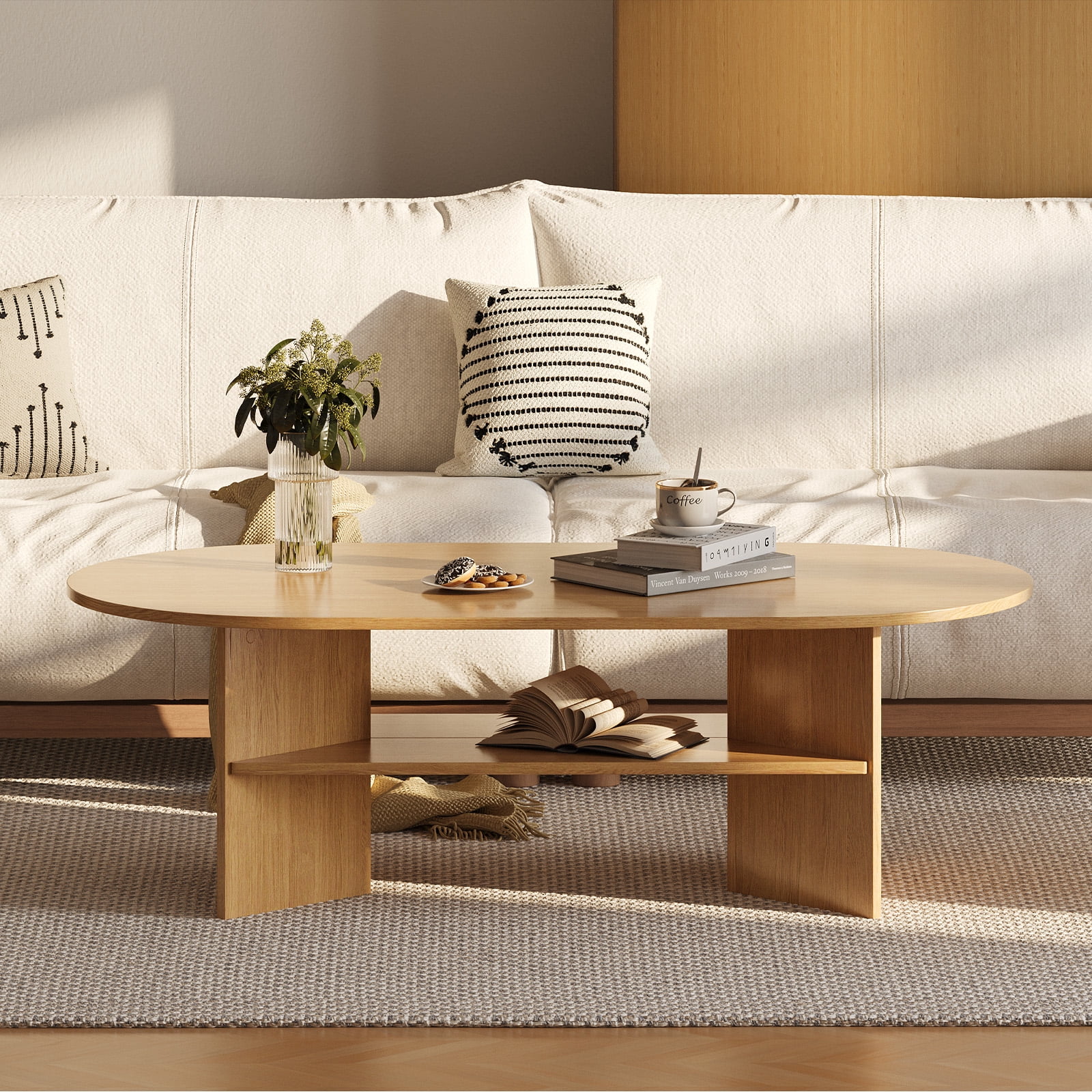 Gelloan 47" Modern Coffee Table,Oval Coffee Table,Double-layer Coffee Table with Sturdy Pedestal for Apartment,Living Room,Bedroom,Natural
