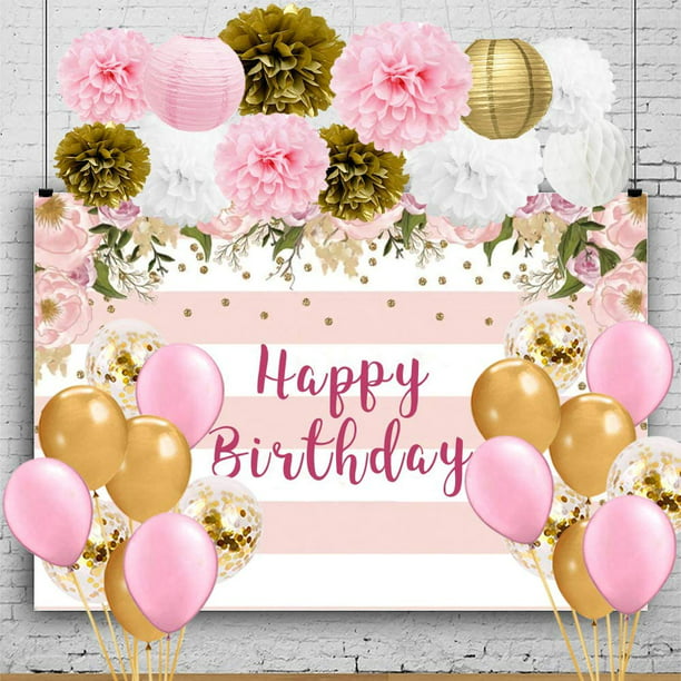 Pink Gold Birthday Decorations Pink Gold Birthday Party Supplies Happy Birthday Backdrop For Girls Women Tissue Decorations Balloons Happy 16th 18th 20th 21st 30th Birthday Decorations Walmart Com Walmart Com