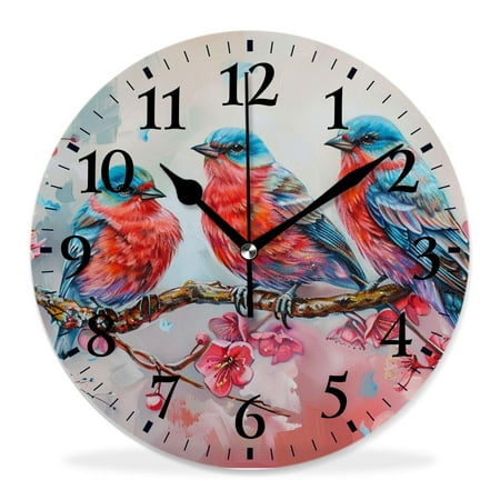 12 Inch Wall Clock Battery Operated Silent Clock Decorative for Office, Kitchen, Outdoor, Living Room,Beautiful Bright Birds Flowers Chic