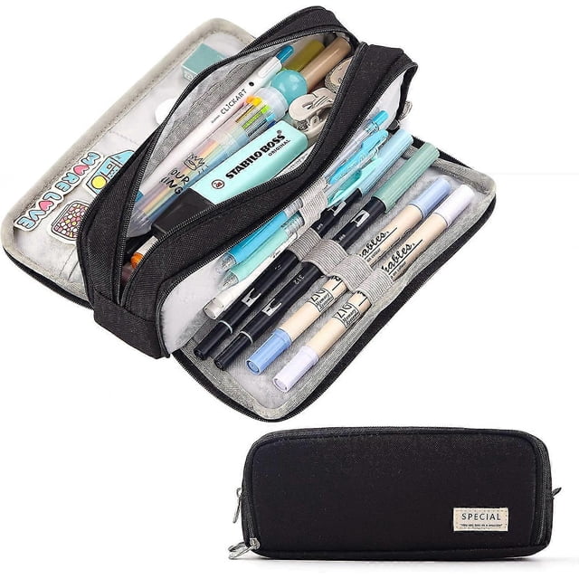 Large Capacity Pencil Case 3 Compartment Pouch Pen Bag For School Teen Girl Boy Men Women (black)