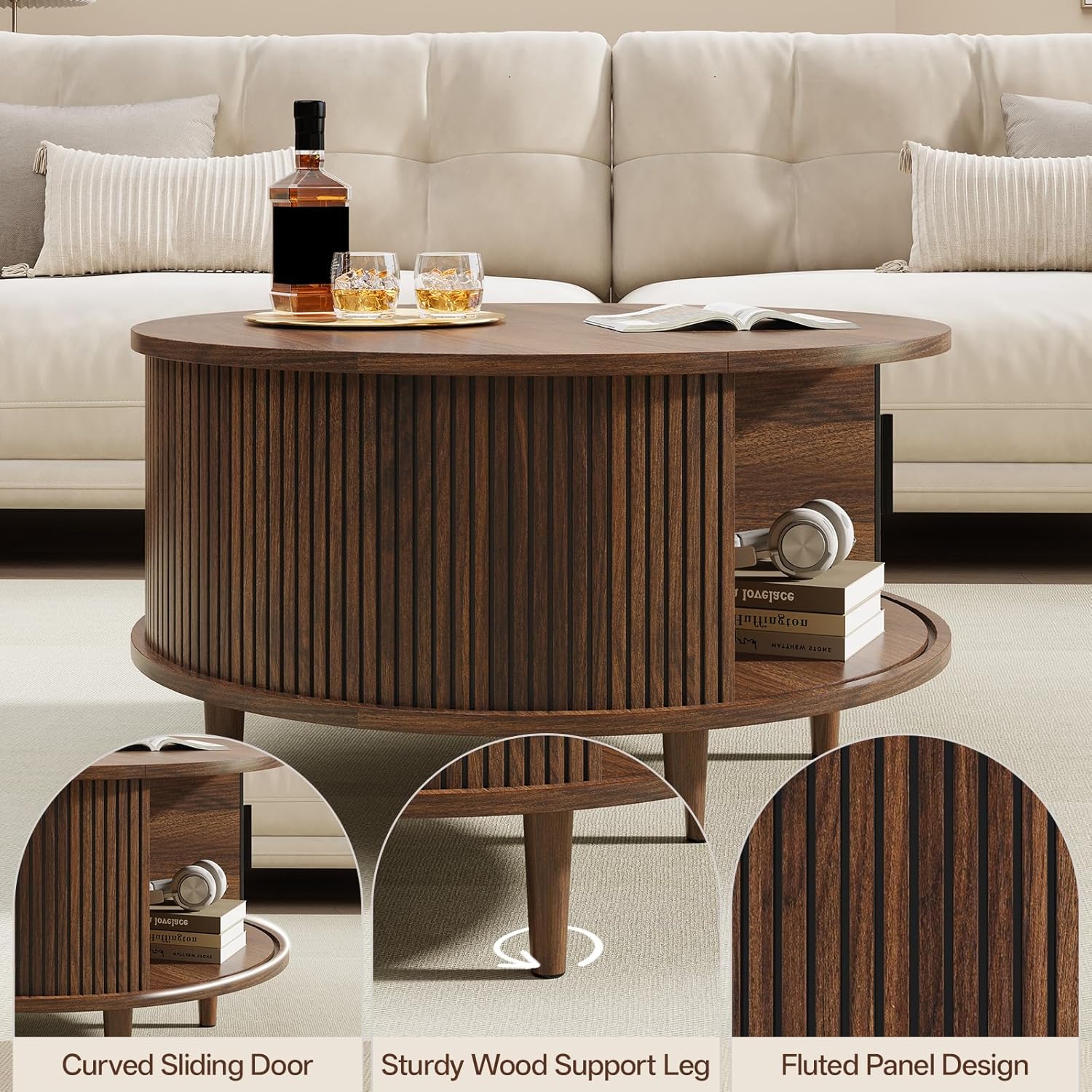 SELOOYE Mid Century Round Coffee Table, Fluted Center Table with Sliding Door, Modern Dining Table with Storage for Home Living Room Office, 31.5", Walnut