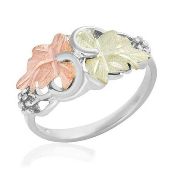 MRLLR3037 090 0.21 in. x 0.82 in. SS & Black Hills Gold Band Ring - 12K Green & Rose Gold Leaves - 90