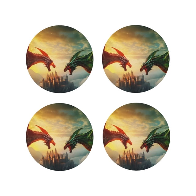 Vsdgher Castle Red Green Sky Dragon Print Leather Coasters for Drinks, Durable Drink Coasters 4 Set for Tabletop Protection, Luxurious Home Décor and Housewarming Gift-Round Shape