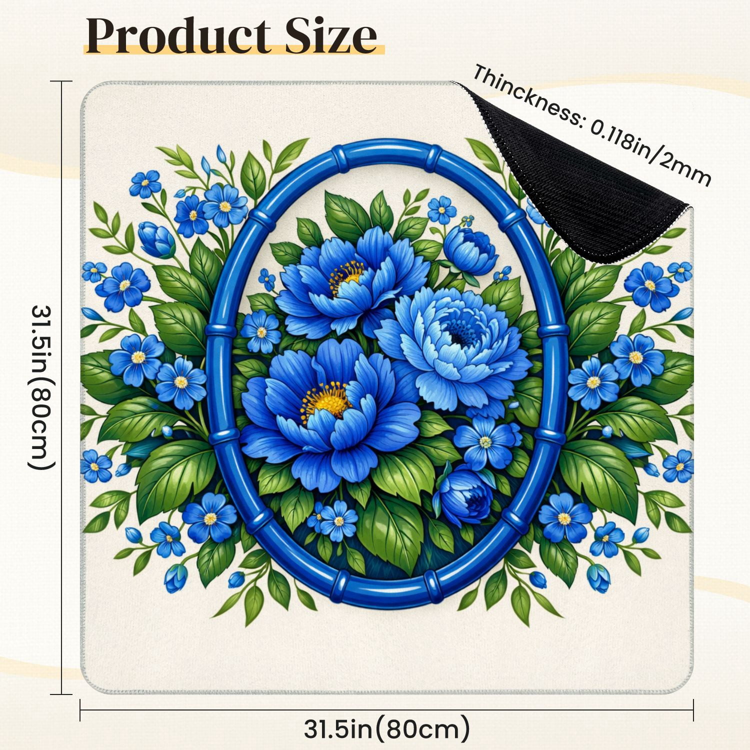 Mahjong Mat 31.5" x 31.5" Blue Floral Bouquet Oval Frame Vibrant Peonies Small Flowers Non-Slip Noise Reduction Mahjong Tiles Table Cover for Dominoes Poker Card Board and Tile Games
