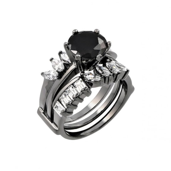 Black Rhodium Plated Sterling Silver 925 Black Clear Cubic Zirconia Ring Band Jewelry Female Size 6