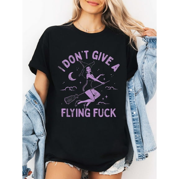 Women's Halloween Witch Graphic "I Don't Give A Flying..." Black Tee