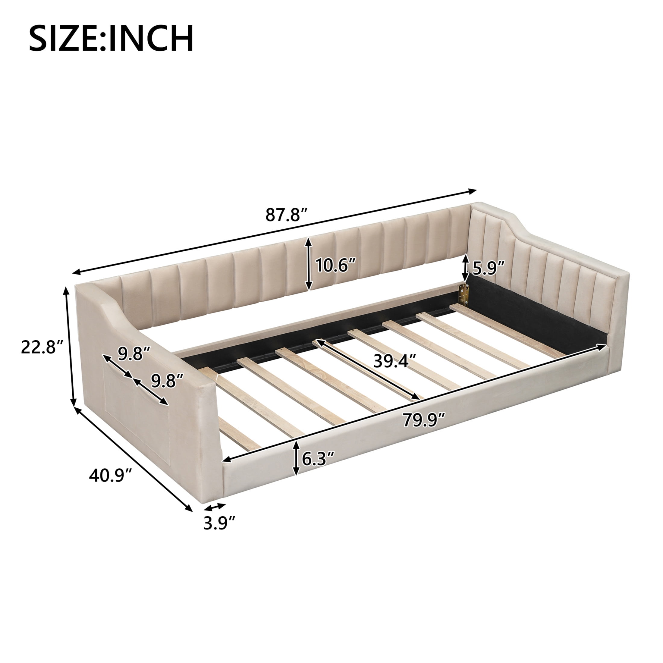 Noble House Twin XL Upholstered Daybed, Velvet Vertical Channel Tufting with Side Storage Pocket, Space Saving, Beige