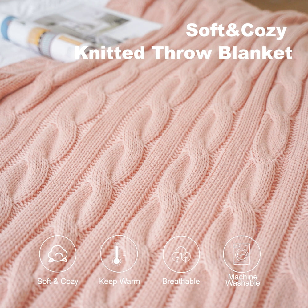 Battilo Cable Knitted Blanket Blush Pink for Sofa,Pale Pink Blankets for Fall Home Decor,50" x 60"