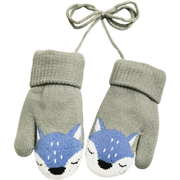 Cute Fox Baby Winter Warm Mittens On String Girls Boys 0-3 Y Toddler Magic Knitted Gloves Kids Cold Weather Gloves