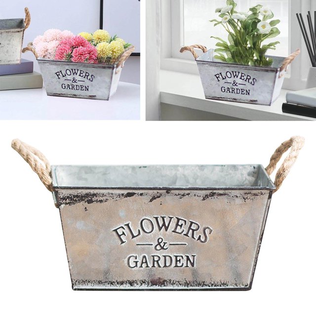 pitrice Retro Iron Plants Flower Bucket Planter Pail Metal Flower Vase Home Decor M