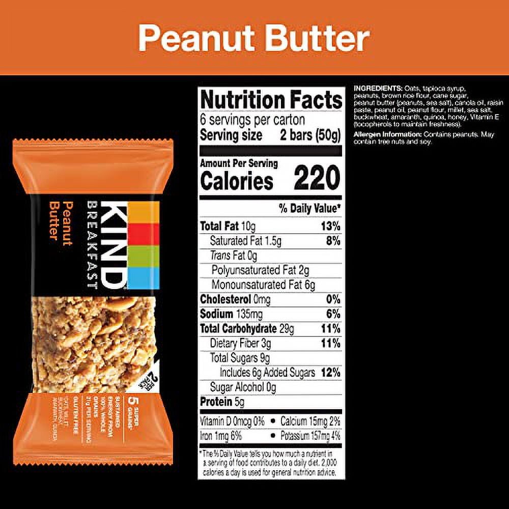 KIND Breakfast Bars, Peanut Butter, Healthy Snacks, Gluten Free, 100% Whole Grains, 5g Protein, 30 Count