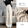 thumbnail image 3 of Pantalones casuales de mujer de jacquard de cintura alta en color blanco cremoso, pantalones de pierna recta drapeados para otoño/invierno para mujeres altas, 3 of 4