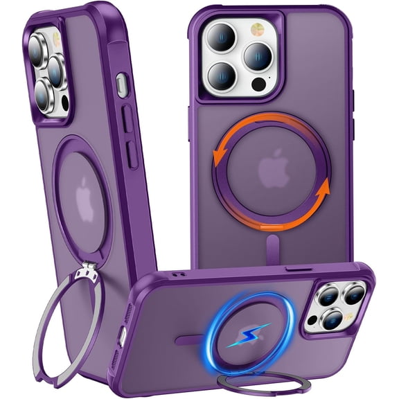 360° Rotatable Stand for iPhone 14 Pro Case with Magnetic [ Grade Drop Tested][Adjustable Kickstand] Ring Translucent Slim Hard Back Soft Edge, Purple