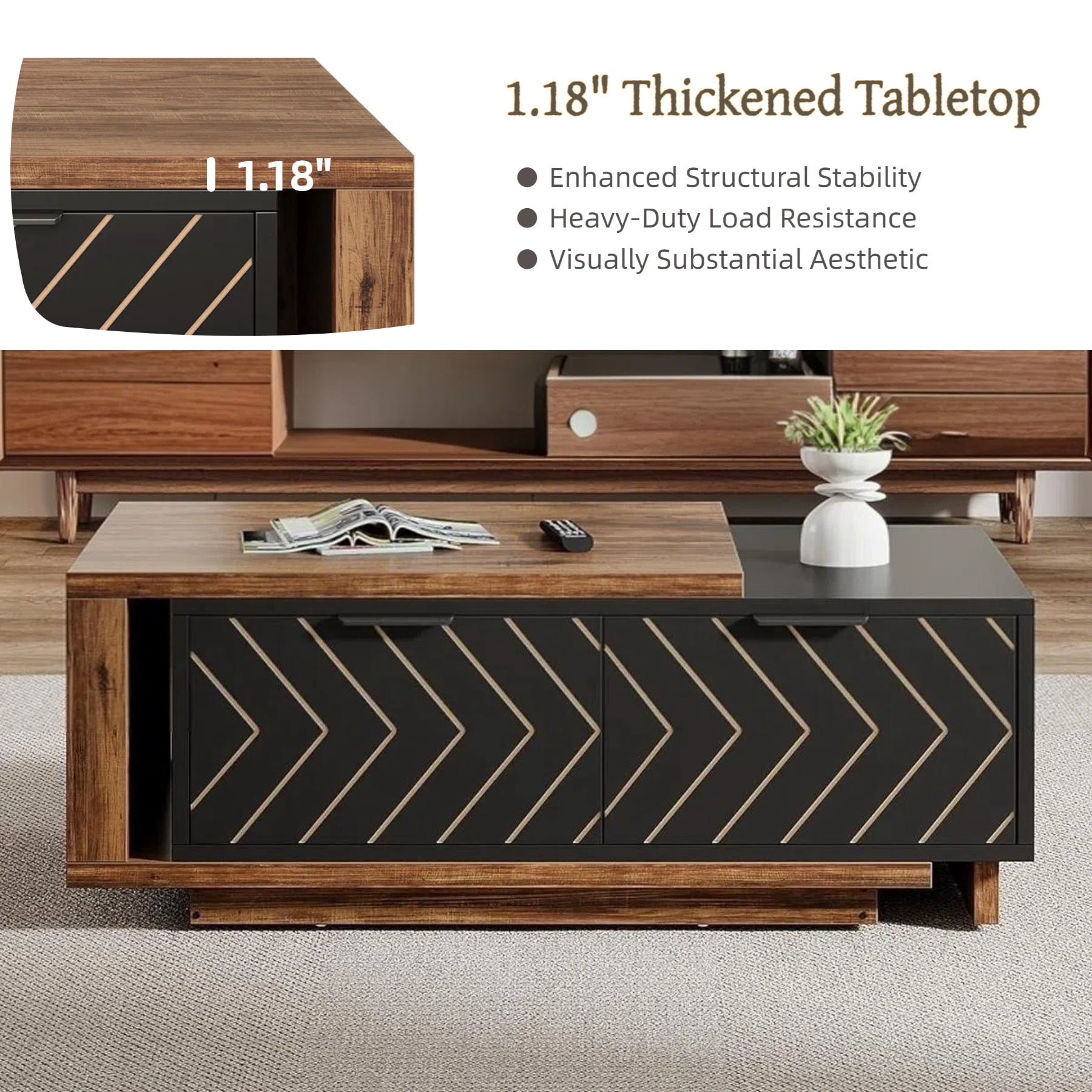 Fnova Modern Extendable Coffee Table with 2 Drawers, 42"-65" Expandable Wood Coffee Table for Living Room, Brown and Black