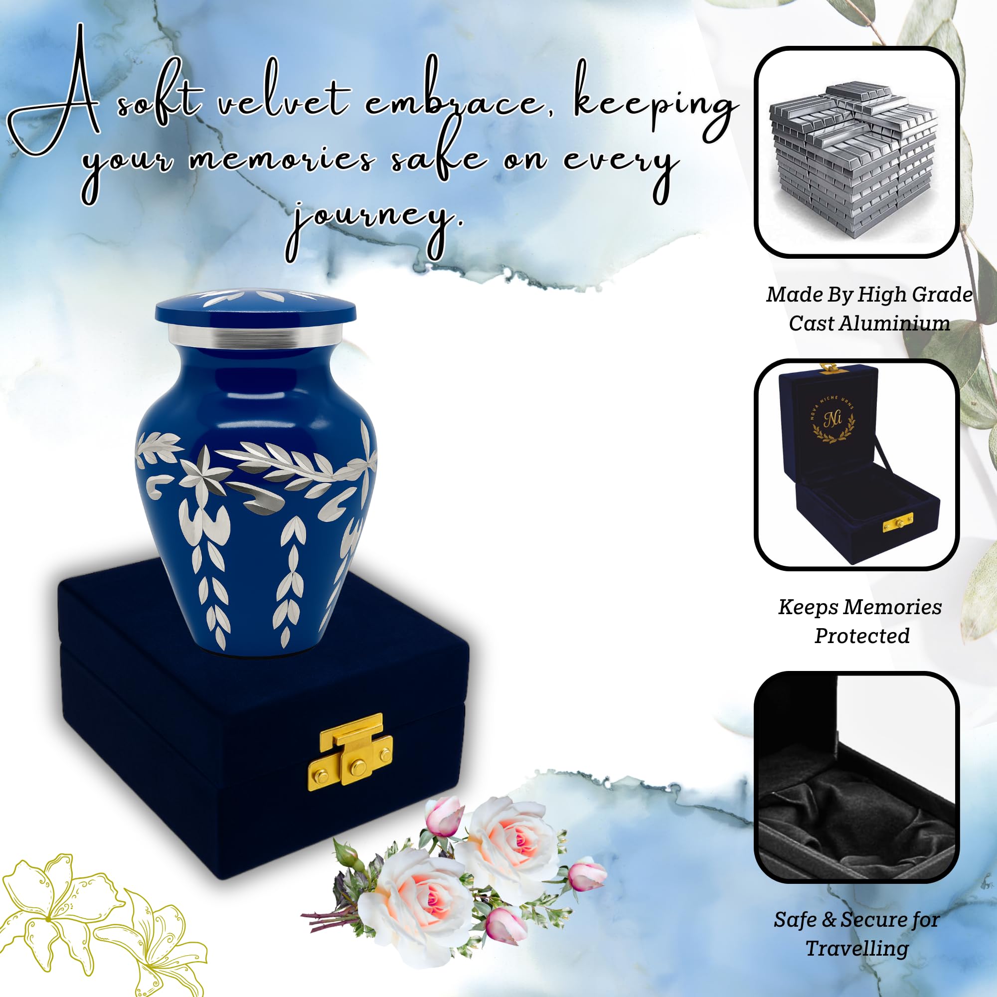 Nova Niche Dark Blue Small Cremation Urn for Human Ashes – Handicrafted Memorial Keepsake with Velvet Box.(3"cu.in)