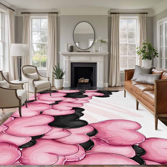 Rectangle Area Rugs 6 x 9 Ft, Valentine's Day Non-Slip Residential Carpet, Romantic Love Heart Ballons Pink and Black Indoor Crawling Mats Runner Rugs for Living Room/Dining Room/Bedroom