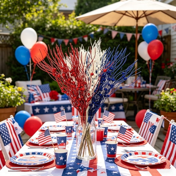 4th Of July Table Decorations, 6PC Foam Festive Berry Cuttings and Powder Branch Ornaments for Indoor Party Centerpieces, Porch Decor, Glitter Details, Table Ornaments