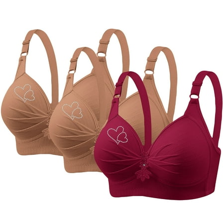 3 Pack Womens Push up Bras Full Figure Plus Size Bras Bralettes No Underwire Everyday Bra Wireless High Support Sports Bras Woman s Rhinestone Printing Gathered Together Bra S