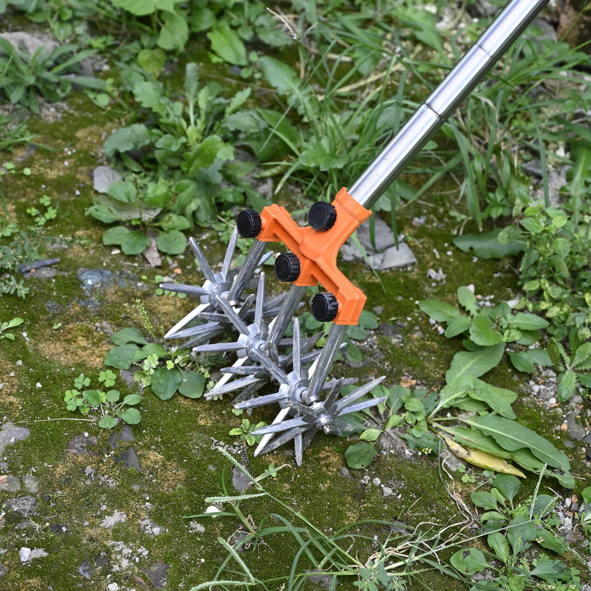 Rotary Cultivator Garden Tiller Adjustable Stainless Steel Poles Hand For Soil Mixing Or Reseeding Grass Lawn Total Length 57 Inch
