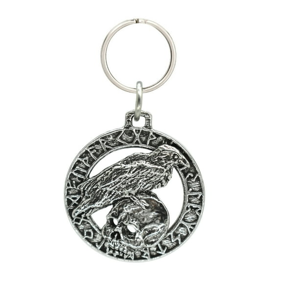 Raven On Skull In Runes Keychain, G015KC, 1 1/2 inch, Pewter, Key Fob, Key Ring, Keys, Zipper Pull, Luggage Tag, Backpack, Over 300 Keychain Designs, Handmade in the USA, 100% American Made