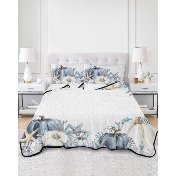 Quilts King Size, Coastal Fall Soft Comforter Bedding Set for Bed, Thanksgiving Blue Pumpkins Starfish Coral Lightweight Quilted Bedspread with Pillow Cover(2 Pieces) for All Season, 96x106 Inch