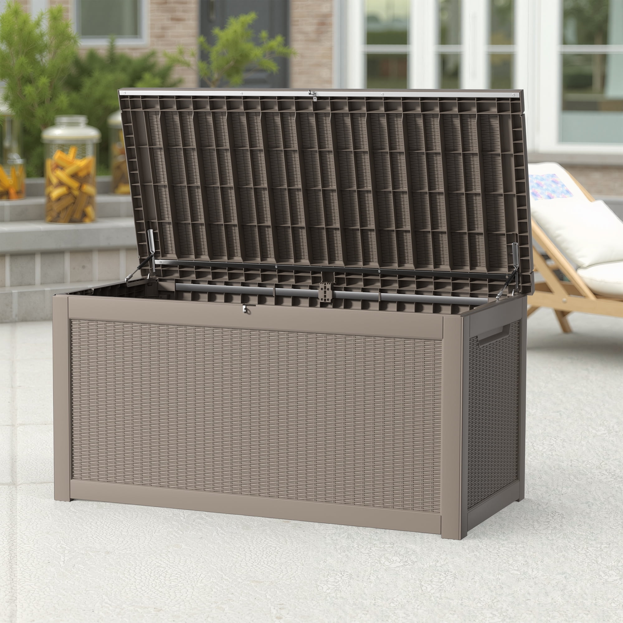 MAYEERTY 260 Gallon Outdoor Deck Box, Large Capacity Storage Box for Patio Furniture Cushions, Pillow with Wheels, Light Brown
