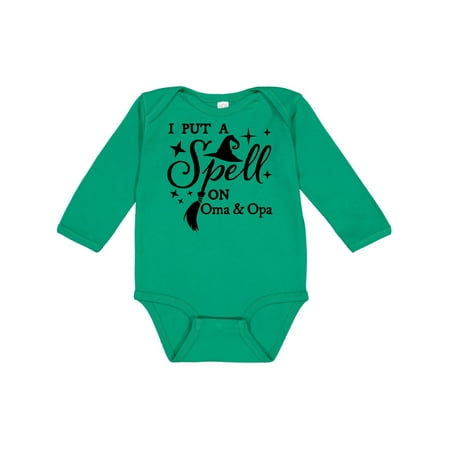 

Inktastic I Put a Spell on Oma and Opa Witch Hat and Broom Gift Baby Boy or Baby Girl Long Sleeve Bodysuit