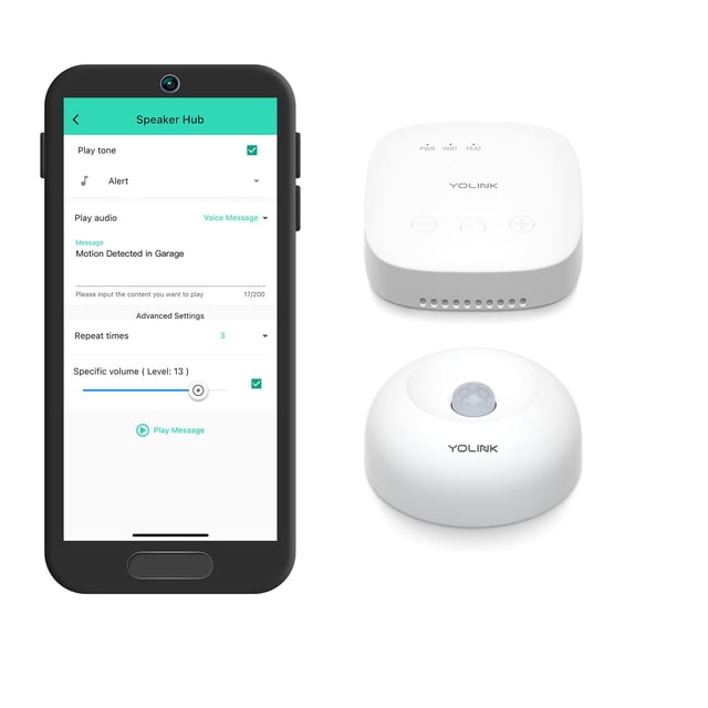 YoLink SpeakerHub y un Kit de Seguridad y Hogar Inteligente con Sensor de Movimiento: el Concentrador de Audio Reproduce Tonos/sonidos, Mensajes Hablados, Alcance de 1 a 4 Millas con Alimentación Lora