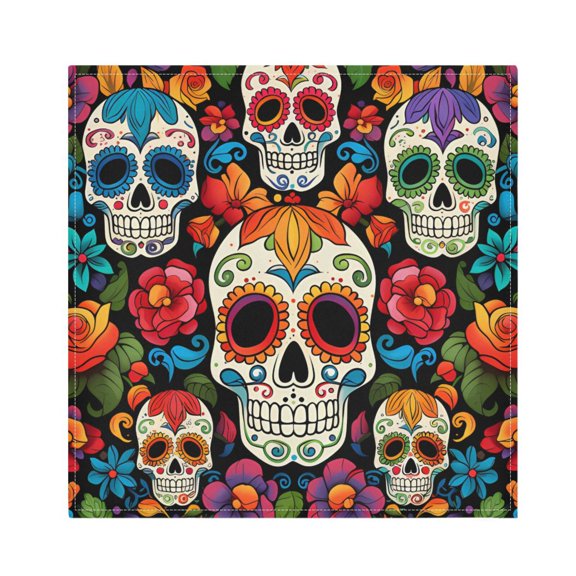 JSTEL Sugar Skull Floral Day Of Dead Cloth Napkins Set of 4, 20x20 Inch Washable and Reusable Napkin for Decoupage Dinner Party Everyday Use