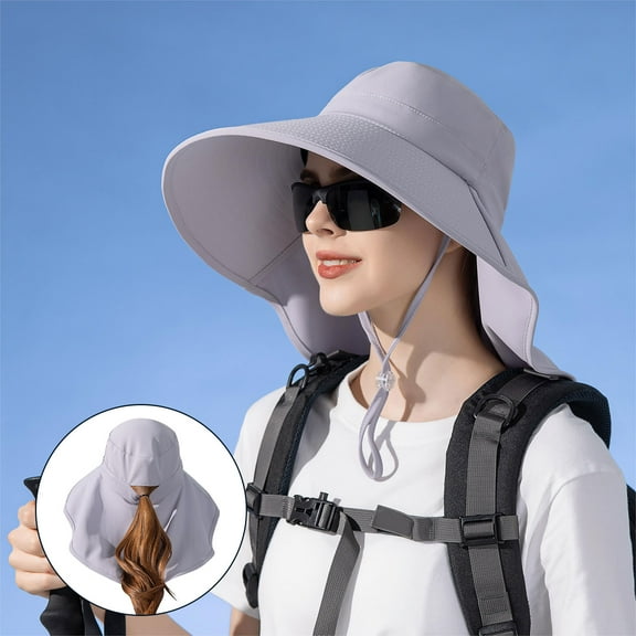 Women Sun Hat with Neck Flap, UV Protection Foldable Hat with Wide Brim and Ponytail Hole for Hiking Fishing Gardening (Gray)