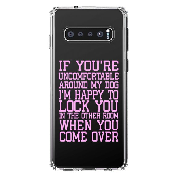 DistinctInk Clear Shockproof Hybrid Case for Samsung Galaxy S10  PLUS (6.4" Screen) - TPU Bumper Acrylic Back Tempered Glass Screen Protector - Uncomfortable Around Dog - Lock you in Other Room