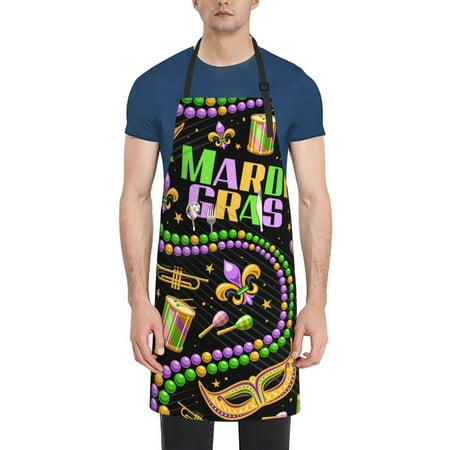 

Pofeuu Mardi Gras3 Print Waterproof Apron with Pockets Adjustable Cooking Aprons Kitchen Bib for Baking Household Cleaning